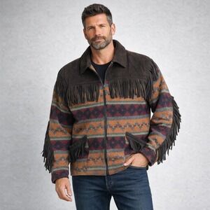 VTG Julian B Free Southwest Fringe Barn Coat Unisex XL Western Wool Leather Trim